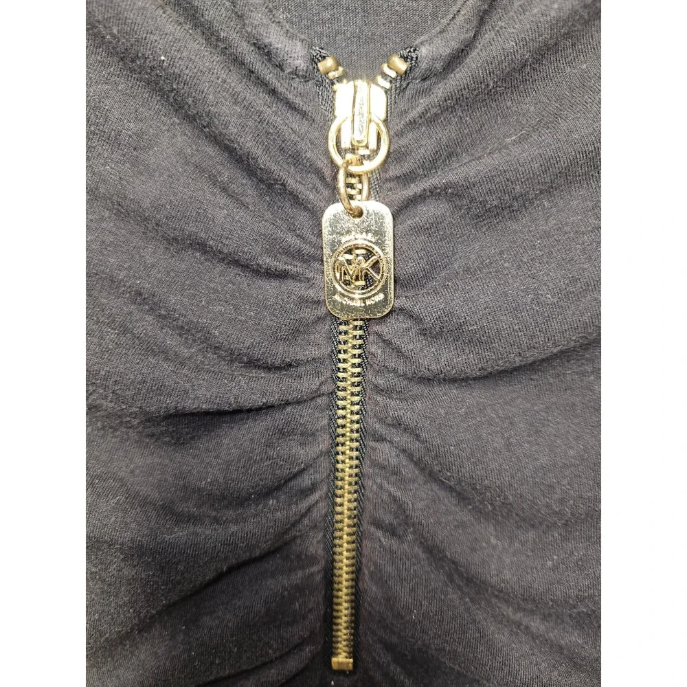 Michael Kors Womens Black Long Sleeve Ruched V-Neck Gold Zip Front Top